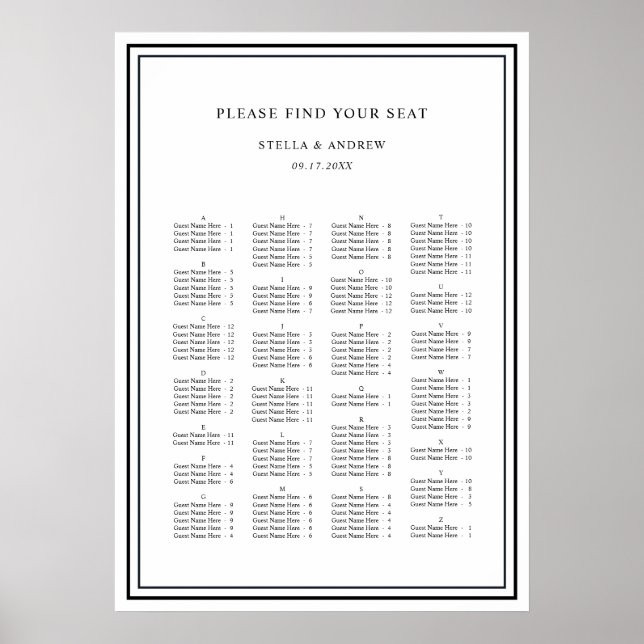 Alphabetical Order Modern Wedding Seating Chart (Front)