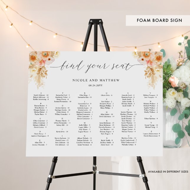 Alphabetical Peach Floral Wedding Seating Chart Foam Board (Creator Uploaded)