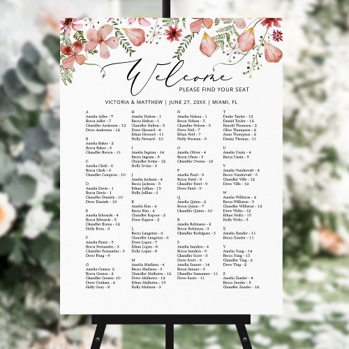 Alphabetical Pink Floral Wedding Seating Chart Foam Board