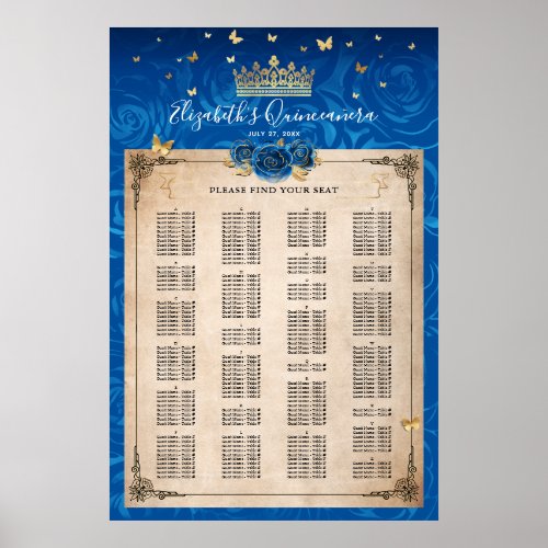 Alphabetical Royal Blue and Gold Roses Seating Poster