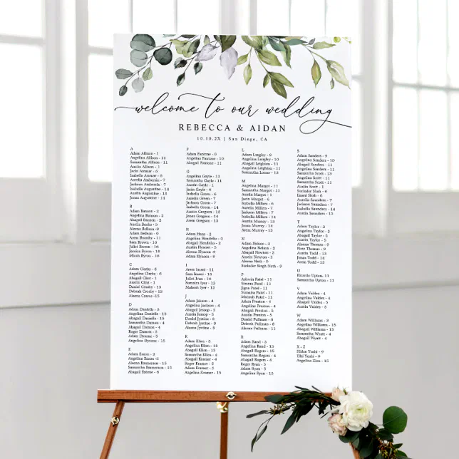 Alphabetical Rustic Greenery Wedding Seating Chart Foam Board | Zazzle