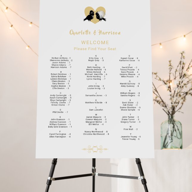 Alphabetical Seat Chart Black Gold Love Birds Cute Foam Board (In Situ (Stand))