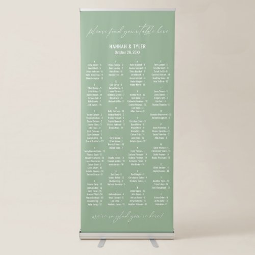 Alphabetical Seating Chart 128 Names Sage Green Retractable Banner