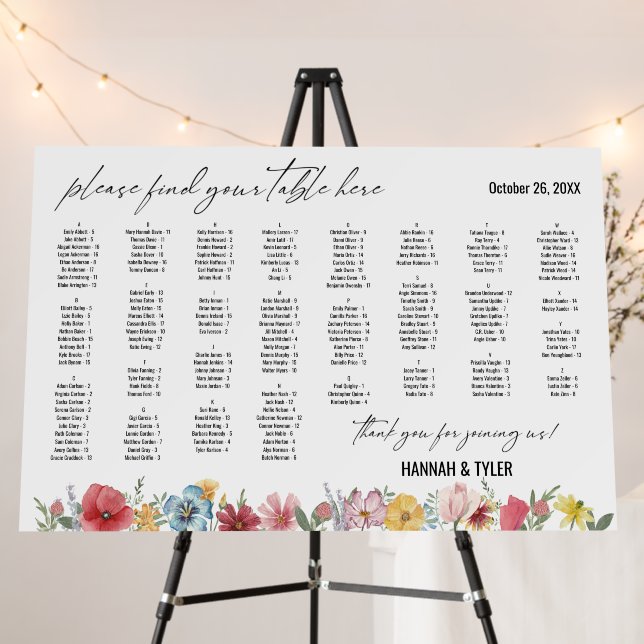 Alphabetical Seating Chart 170 Names Wildflowers Foam Board (In Situ (Stand))