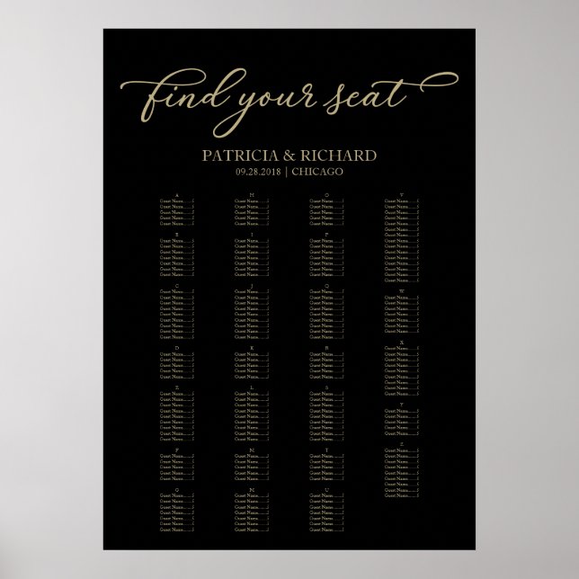 Alphabetical Seating Chart Elegant Gold Black (Front)