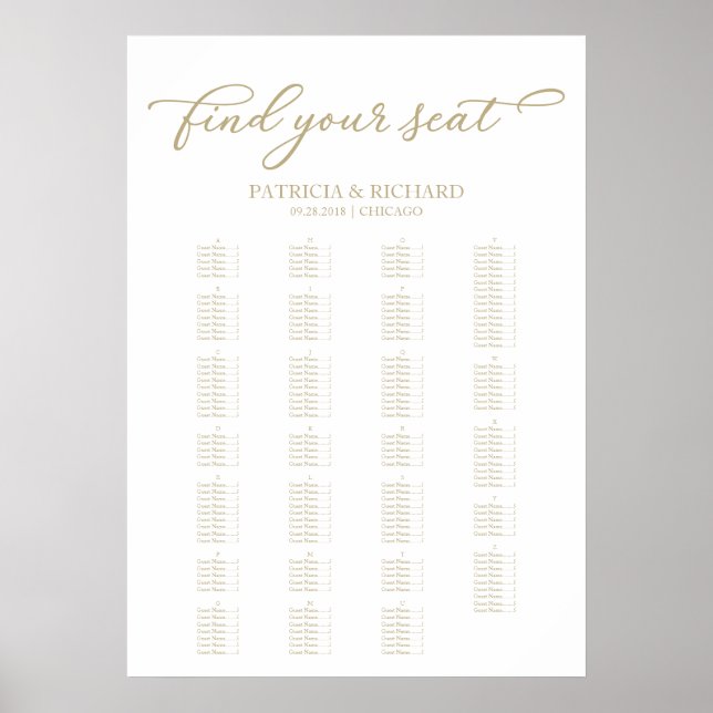 Alphabetical Seating Chart Elegant Gold Script (Front)