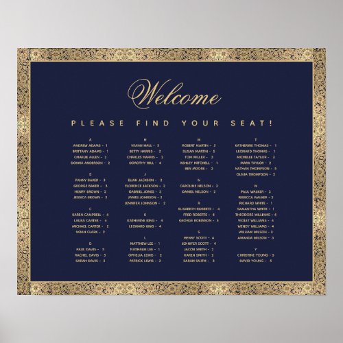 Alphabetical Seating Chart Navy Blue Gold Roses 