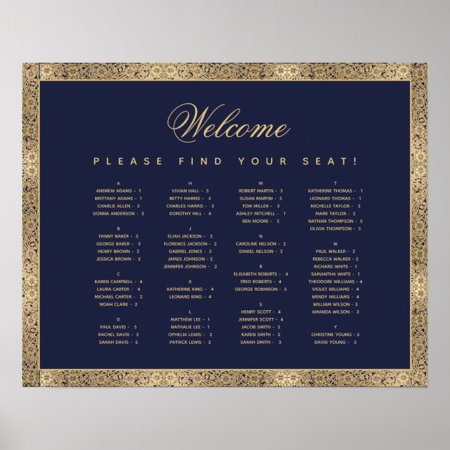 Alphabetical Seating Chart Navy Blue Gold Roses  (Front)