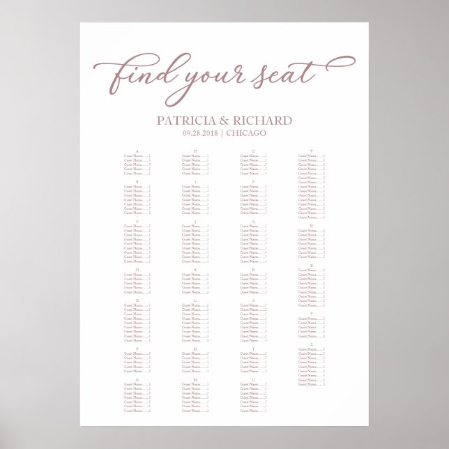 Alphabetical Seating Chart Rose Gold Script (Front)