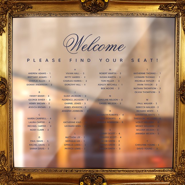 Alphabetical Seating Chart Transparent Blue Script Window Cling (Creator Uploaded)