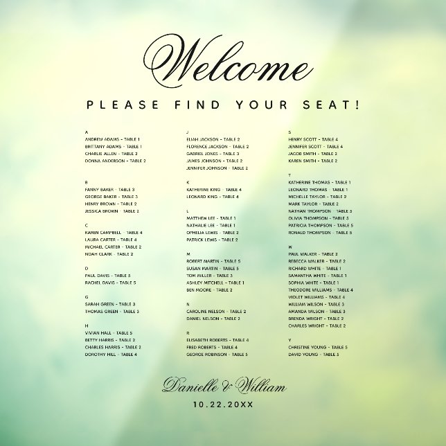 Alphabetical Transparent Wedding Seating Chart  Window Cling (Sheet 3)