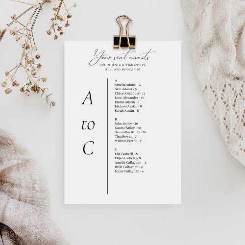 Alphabetical Wedding Guest Seating List Cards