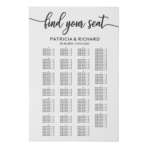 Alphabetical Wedding Seating Chart Elegant Faux Canvas Print