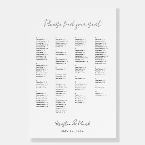 Alphabetical Wedding Seating Chart for Events Foam Board