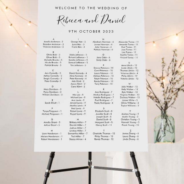 Alphabetical Welcome Wedding Seating Chart Foam Board (In Situ (Stand))