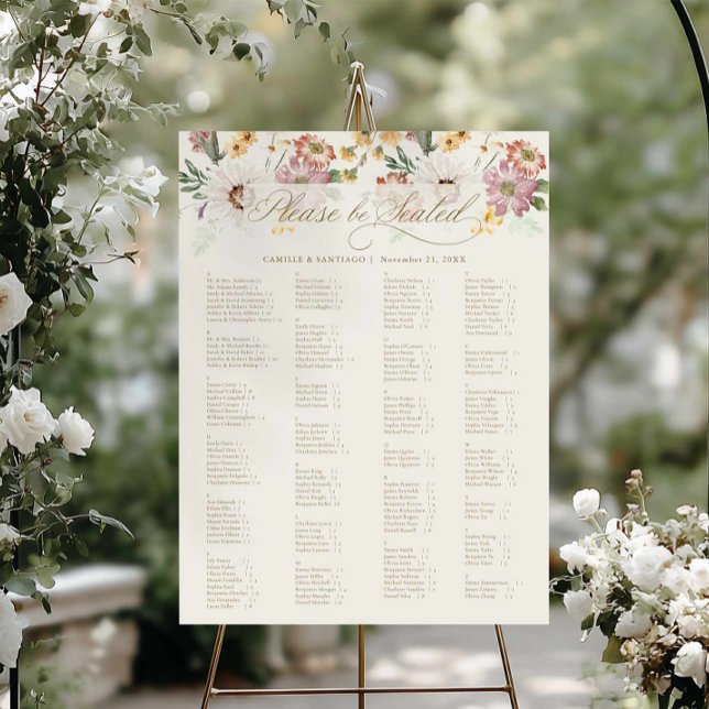 Alphabetical Wildflower Wedding Seating Chart Foam Board (Wildflower Garden Wedding Seating Chart)