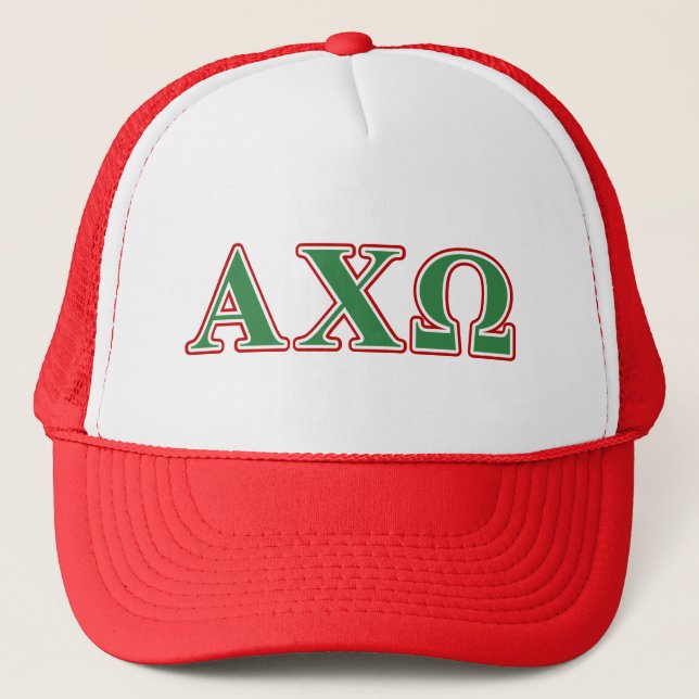 Alphi Chi Omega Green and Red Letters Trucker Hat (Front)