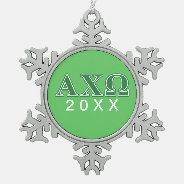 Alphi Chi Omega Green Letters Snowflake Pewter Christmas Ornament (Front)