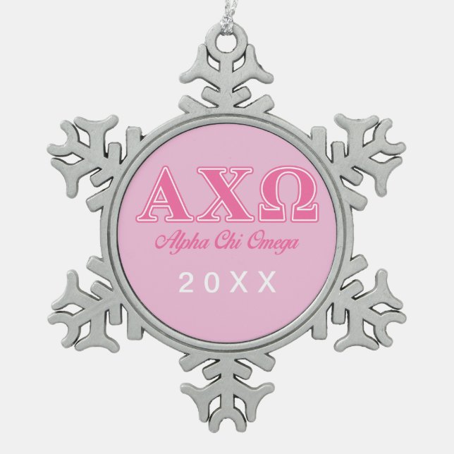 Alphi Chi Omega Pink Letters Snowflake Pewter Christmas Ornament (Front)