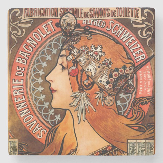 Alphone Mucha Beautiful Art Nouveau Lady Stone Coaster (Front)