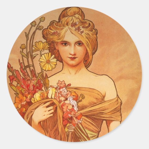 Alphonse Alfons Mucha  Bouquet Classic Round Sticker