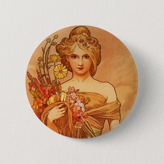 Alphonse (Alfons) Mucha  Bouquet Pinback Button (Front)