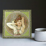 Alphonse Mucha Amethyst Green Art Nouveau Vintage Ceramic Tile<br><div class="desc">This ceramic tile is part of a set of three (Ruby, Topaz and Amethyst) inspired by the iconic Art Nouveau era of the renowned Czech artist Alphonse Mucha. Mucha is widely recognized as one of the leading Art Nouveau designers and is known for his collaborations with the legendary actress Sarah...</div>