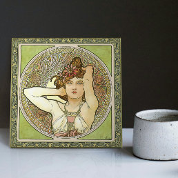 Alphonse Mucha Amethyst Green Art Nouveau Vintage Ceramic Tile