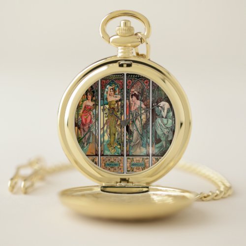 Alphonse Mucha art art nouveauvintagefemalesbe Pocket Watch