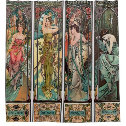 Alphonse Mucha art art nouveauvintagefemalesbe Shower Curtain
