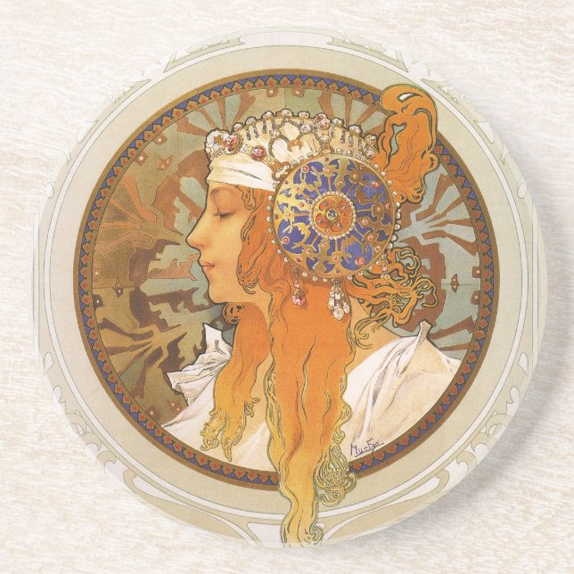Alphonse Mucha Art Deco Drink Coaster (Front)