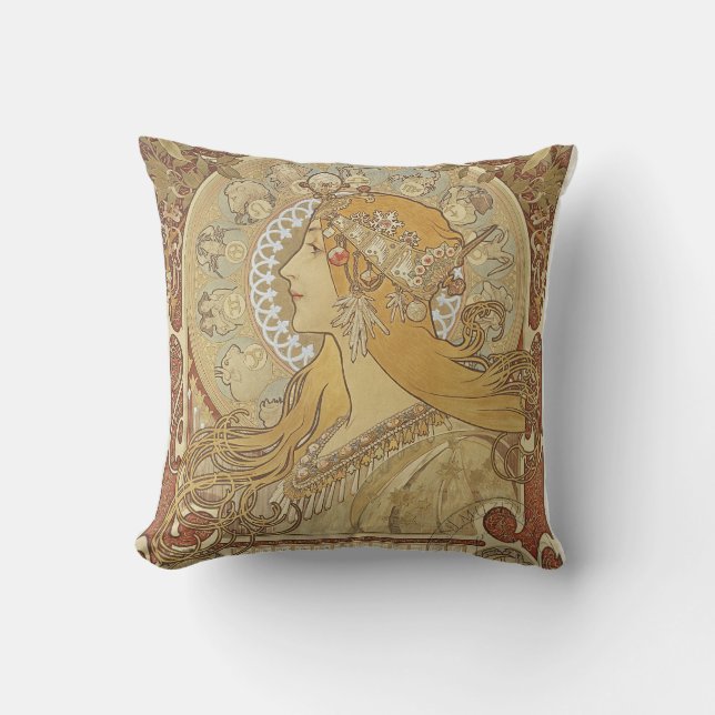 Alphonse Mucha Art Deco Throw Pillow (Front)