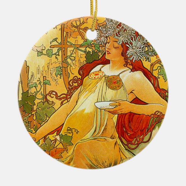 Alphonse Mucha Art Nouveau Autumn Ceramic Ornament (Front)