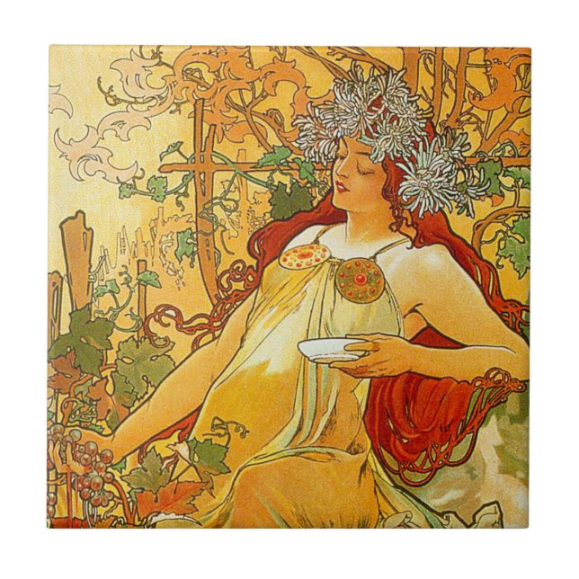 Alphonse Mucha Art Nouveau Autumn Ceramic Tile (Front)