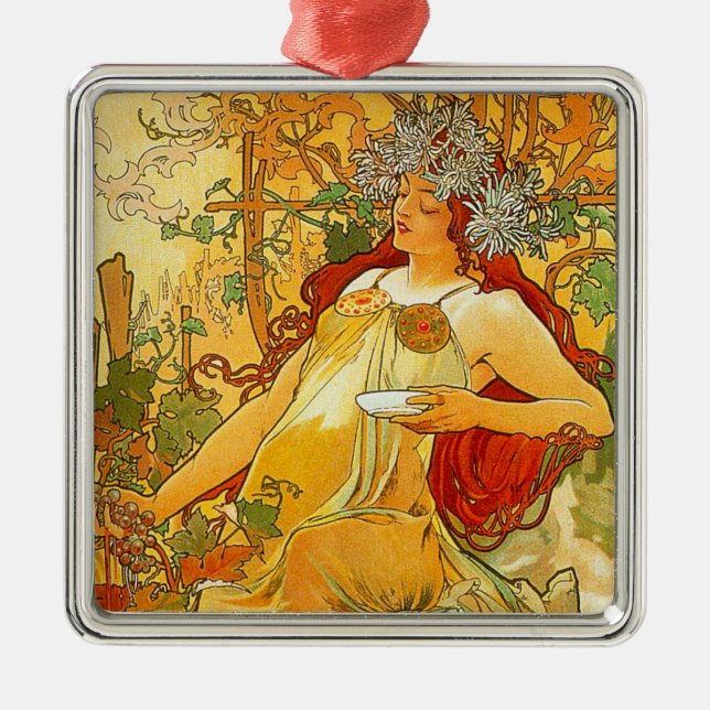 Alphonse Mucha Art Nouveau Autumn Metal Ornament (Front)