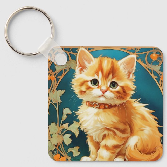 Alphonse Mucha Art Nouveau Cat Keychain (Front)