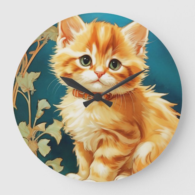 Alphonse Mucha Art Nouveau Cat Large Clock (Front)