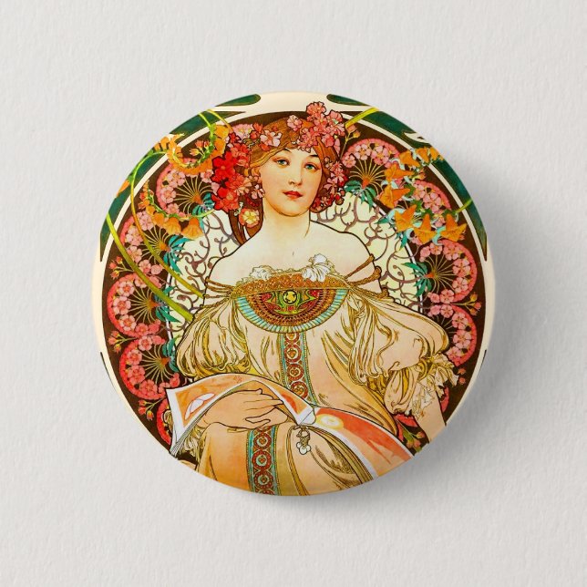 Alphonse Mucha Art Nouveau Daydream Button (Front)