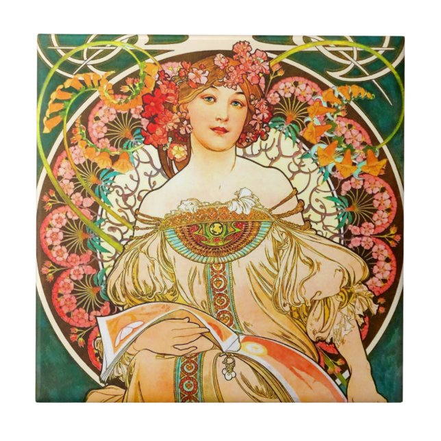 Alphonse Mucha Art Nouveau Daydream Ceramic Tile (Front)