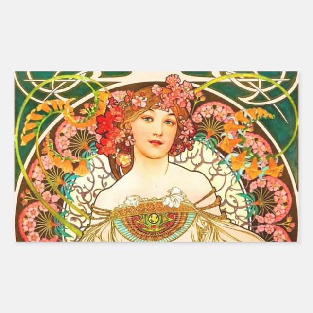 Alphonse Mucha Art Nouveau Daydream Rectangular Sticker (Front)