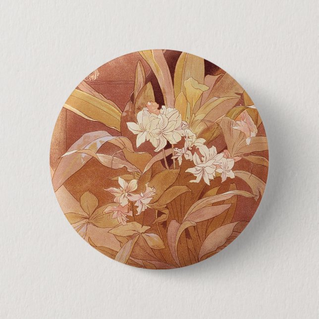 Alphonse Mucha Art Nouveau Floral Detail Button (Front)