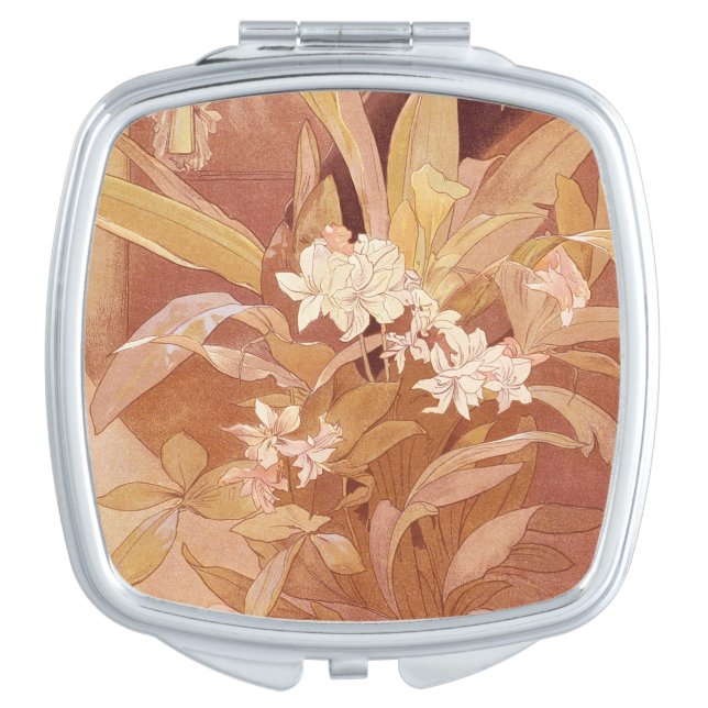 Alphonse Mucha Art Nouveau Floral Detail Compact Mirror (Front)