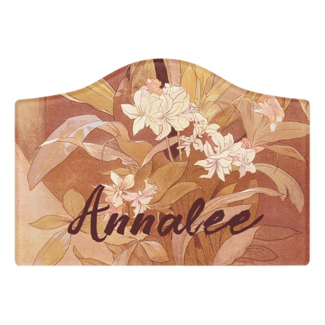 Alphonse Mucha Art Nouveau Floral Detail Door Sign (Small Crest Front)