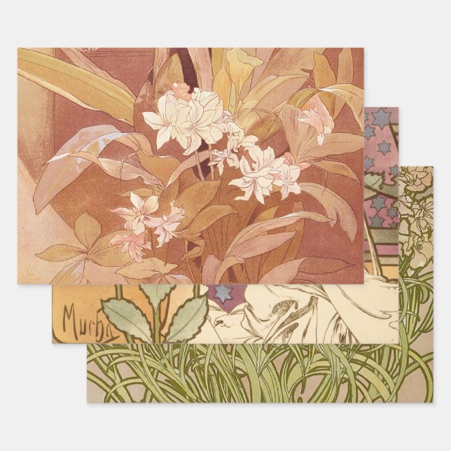 Alphonse Mucha Art Nouveau Floral Detail Wrapping Paper Sheets (Set)