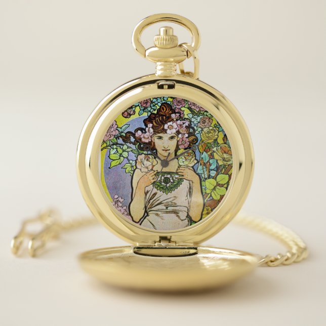 Alphonse Mucha Art Nouveau Floral girl Pocket Watch (Inside)