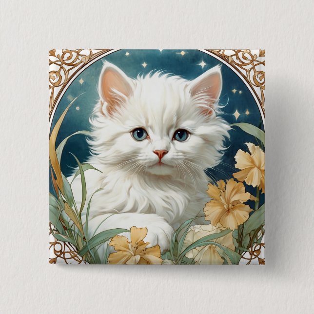Alphonse Mucha Art Nouveau Kitten Button (Front)