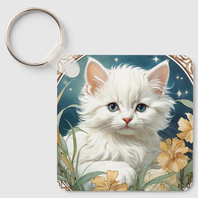 Alphonse Mucha Art Nouveau Kitten Keychain (Front)