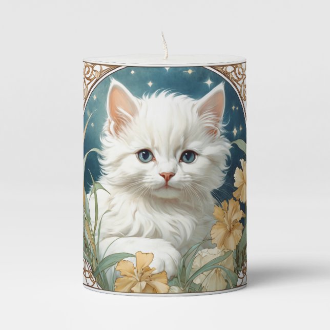 Alphonse Mucha Art Nouveau Kitten Pillar Candle (Front)