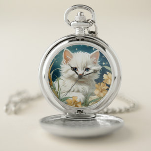 Alphonse Mucha Art Nouveau Kitten Pocket Watch