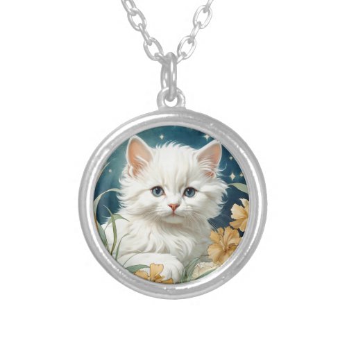 Alphonse Mucha Art Nouveau Kitten Silver Plated Necklace